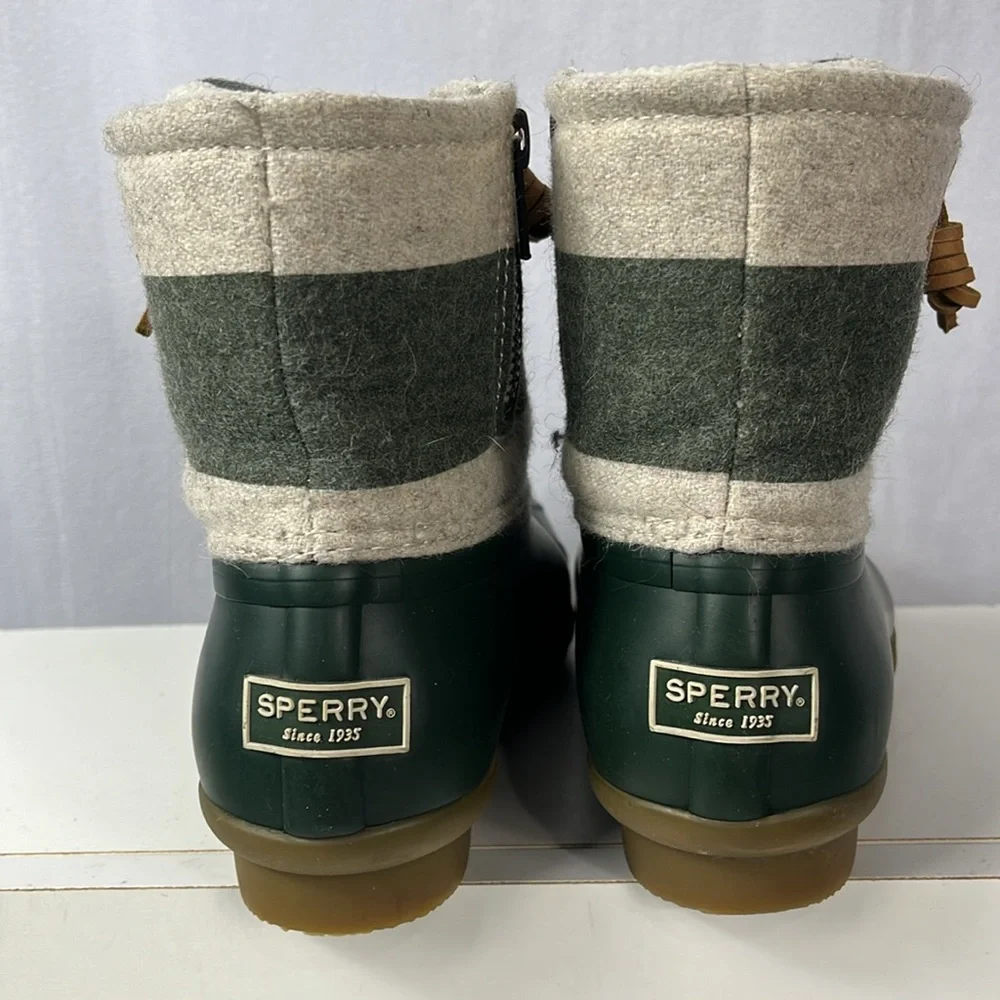 Sperry Saltwater Varsity Stripe Duck‎ Snow/Rain Boots Oat/Green.